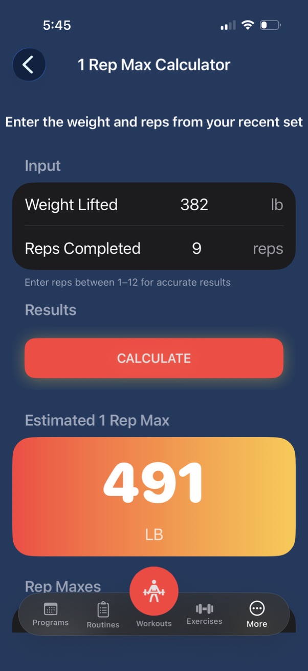 1 Rep Max calculator screen in Johnny Pump Iron