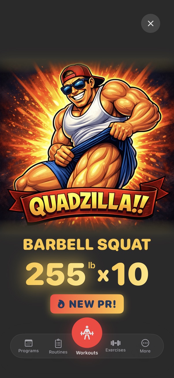 Personal record celebration screen in Johnny Pump Iron