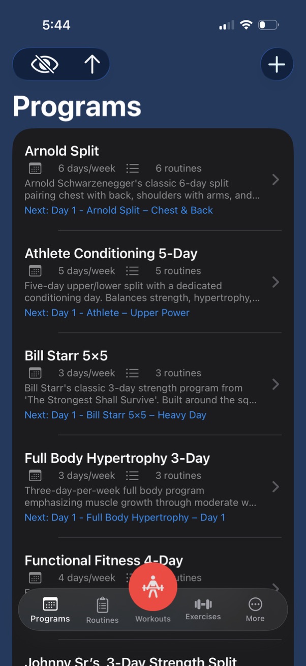 Programs screen in Johnny Pump Iron