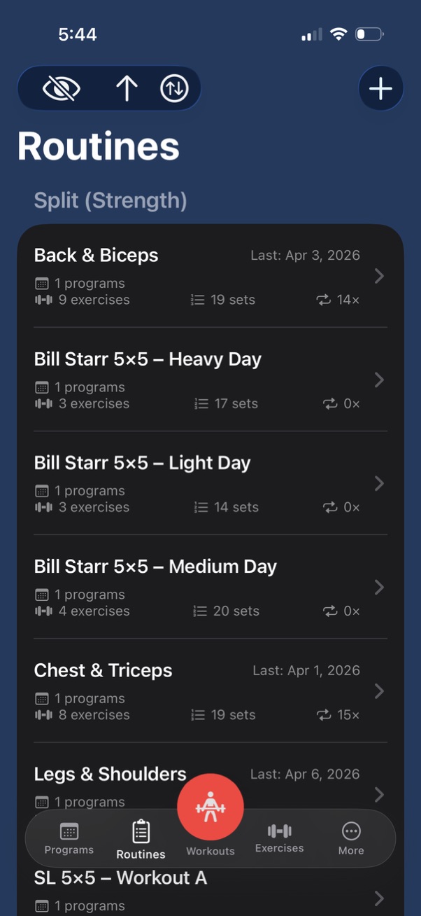 Routines screen in Johnny Pump Iron