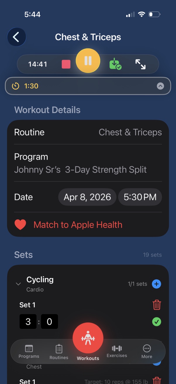 Workout logging and Apple Health screen in Johnny Pump Iron